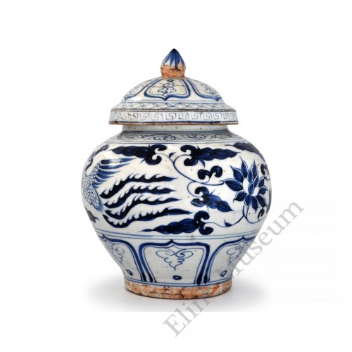 1385 Yuan B&W phoenix and peony jar